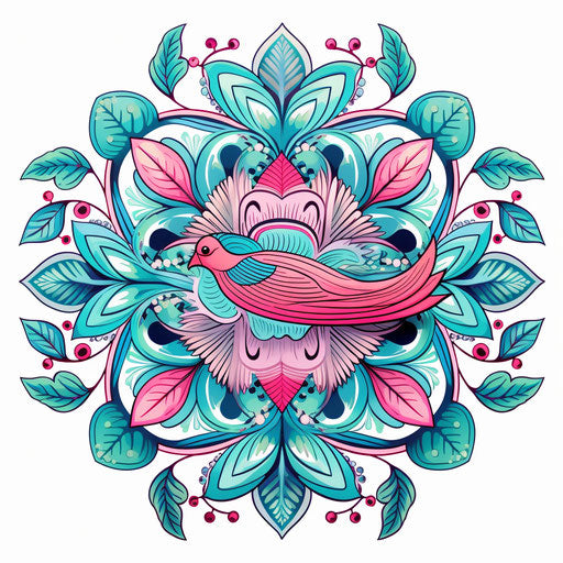 Blue green and pink tiled leaf with bird in kaleidoscopic style
