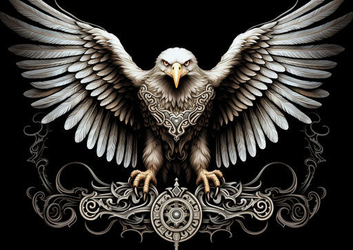 Vulturist eagle, two stacked white wings, black and white style, florentine renaissance