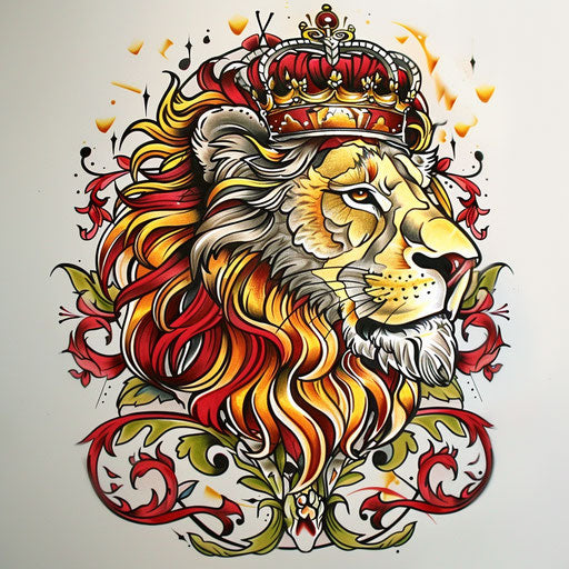 Regal Leo lion flat tattoo sketch, adorned with a crown and lush mane, in vibrant yellows and reds