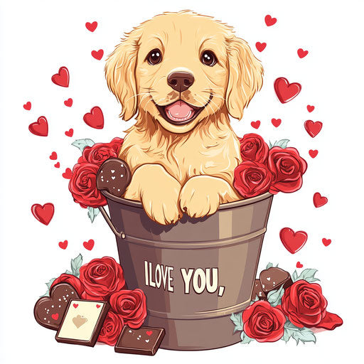 Cute golden retriever puppy in bucket of red roses and chocolate for Valentine's Day