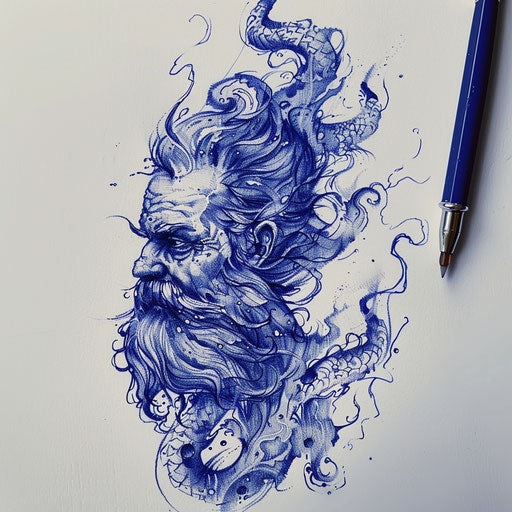 Surreal tattoo sketch of Neptune with flowing, water-like textures in deep blue