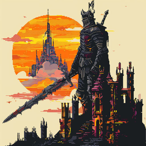 Nostalgic tattoo sketch of Dark Souls' Anor Londo in a flat, 8-bit style with vibrant block colors