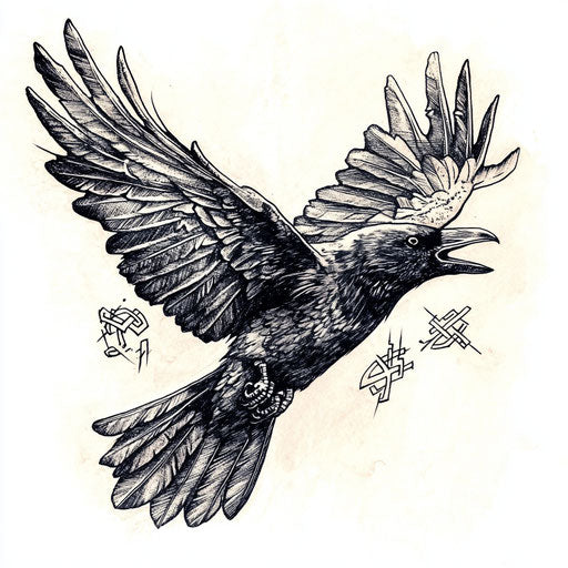 Inner bicep tattoo with flying raven and Norse runes