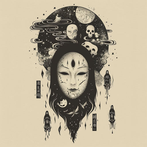 Flat tattoo sketch of No-Face with mystical symbols and floating spirits