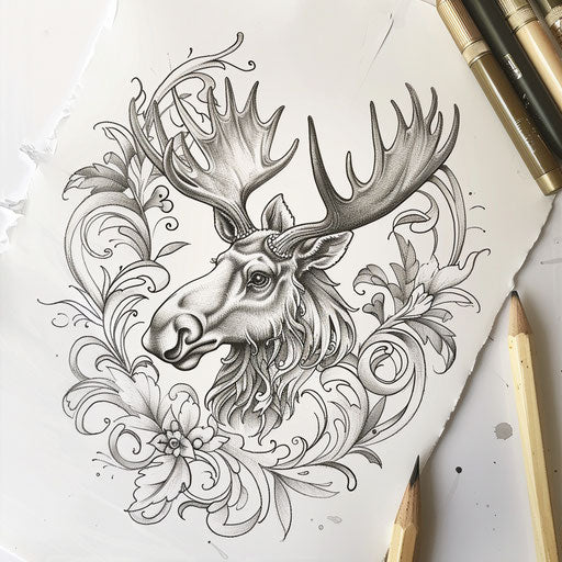 Elegant flat tattoo sketch of a moose with Art Nouveau inspired floral patterns