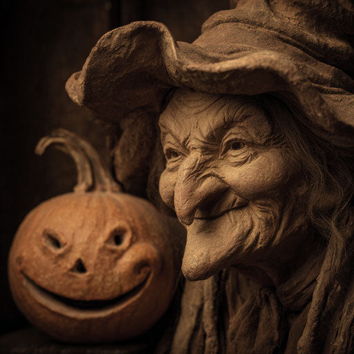 Smiling jack-o'-lantern next to the witch at night