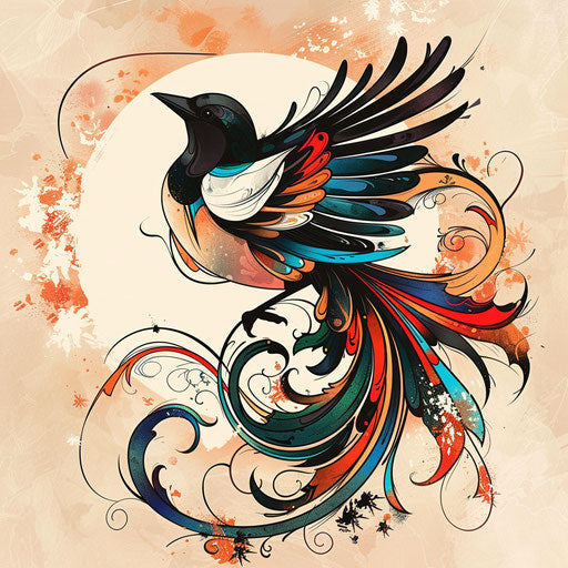 Stylized tattoo sketch of a magpie with swirling winds and vivid colors