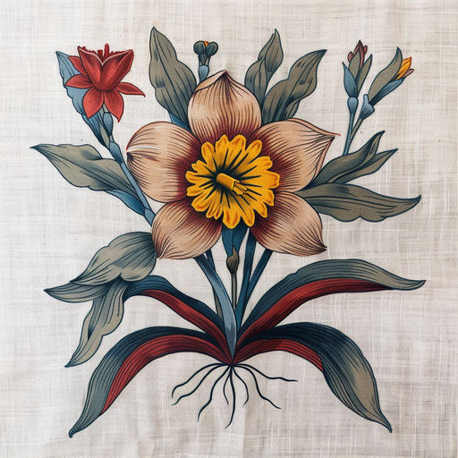 Folk art narcissus tattoo on white linen background