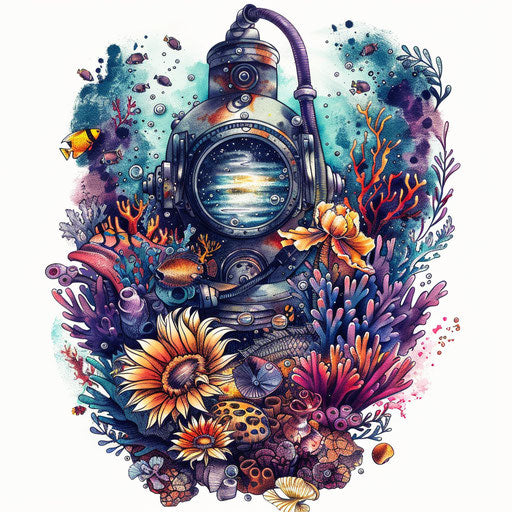 Navy tattoo with diving helmet and coral reef