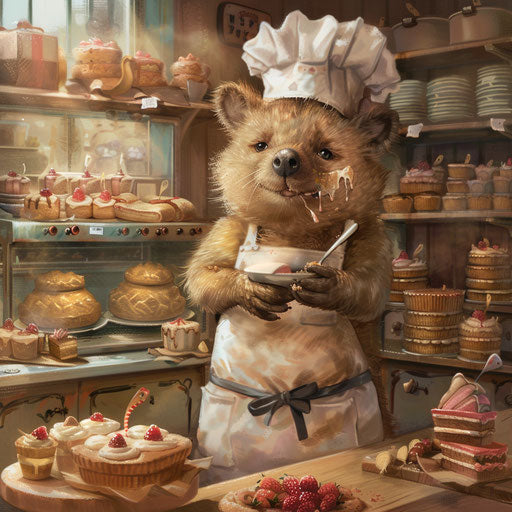 A quokka baker decorating cakes in a sweet-smelling bakery