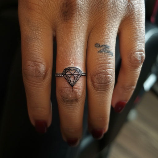 Diamond-shaped wedding ring tattoo on finger