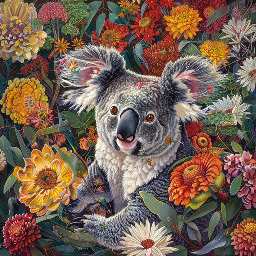 Koala surrounded by a burst of spring flowers, showcasing the ecosystem and biodiversity