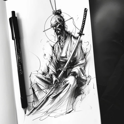 Classic flat tattoo sketch of a shinigami seated with a traditional samurai sword