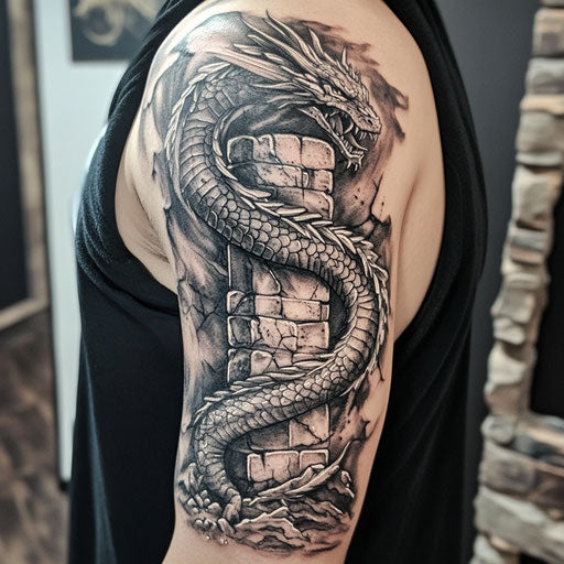 Dragon arm tattoo with a dragon wrapped around a cracked, ancient stone pillar