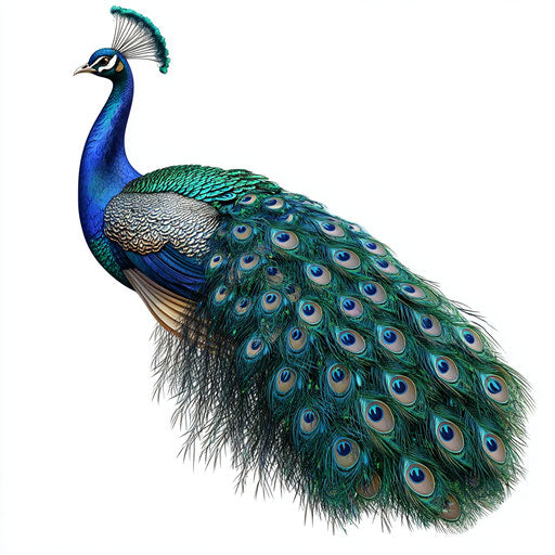 3D peacock in photorealistic style on flat white background