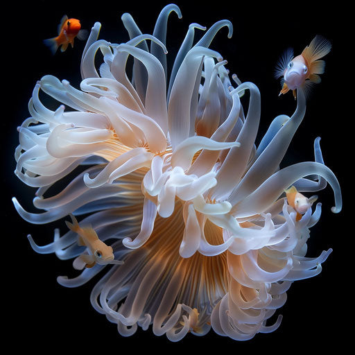 Sea anemone and fish in motion, in the style of Marsel van Oosten
