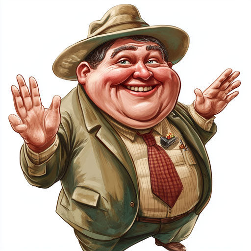 Humorous caricature of Michael Collins clipart with exaggerated chubby cheeks, big hands, pastel shades, vibrant colors, cartoon style, waving, high resolution, isolated