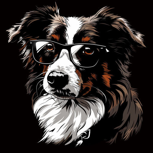 Cartoon border collie in glasses, screen printing style