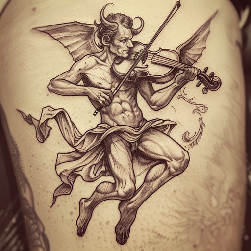Animated flat tattoo sketch of Lucifer playing violin