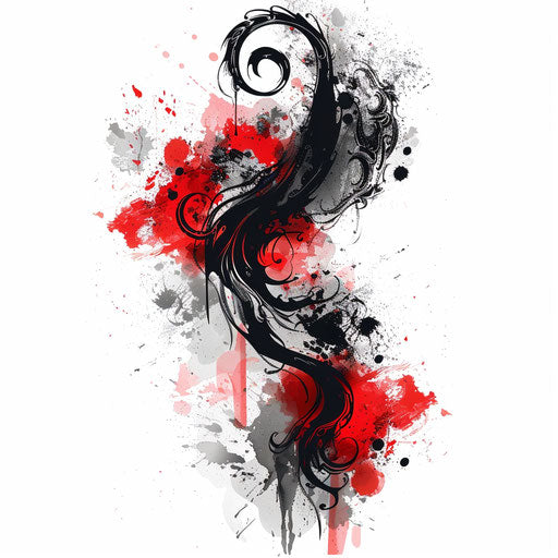 Artistic flat tattoo sketch of a dark mark with abstract red and black watercolor splashes
