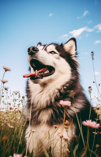 Happy dog in field with flower