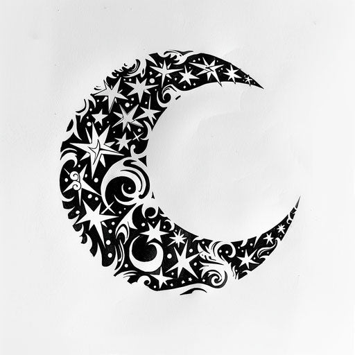 Polynesian style moon and stars tattoo stencil on white background