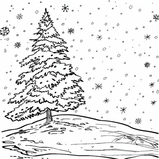 Snowy landscape with a lone pine tree and soft snowflakes