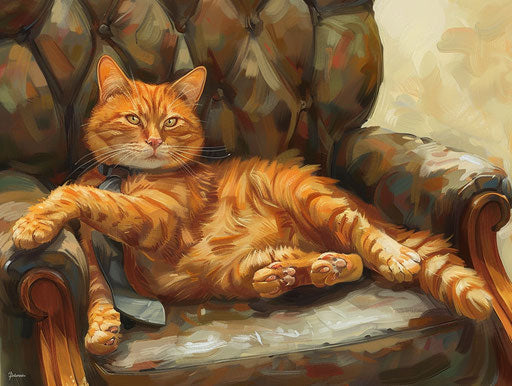 Cat with tie on office chair, orange and maroon