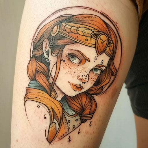 Charming flat tattoo sketch of a cartoon Freya with oversized, endearing features
