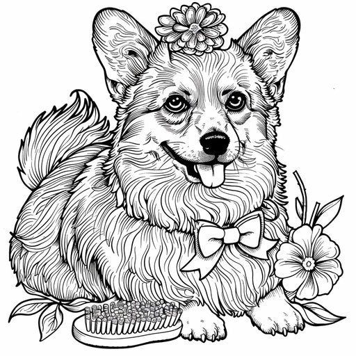 Detailed illustration of a corgi being groomed with a brush and bow