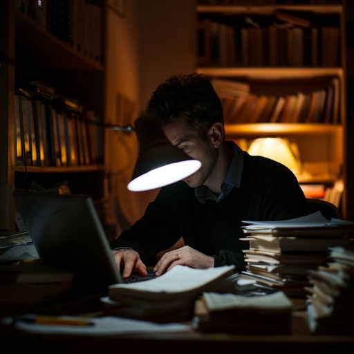 Financial analyst working late with a laptop and papers