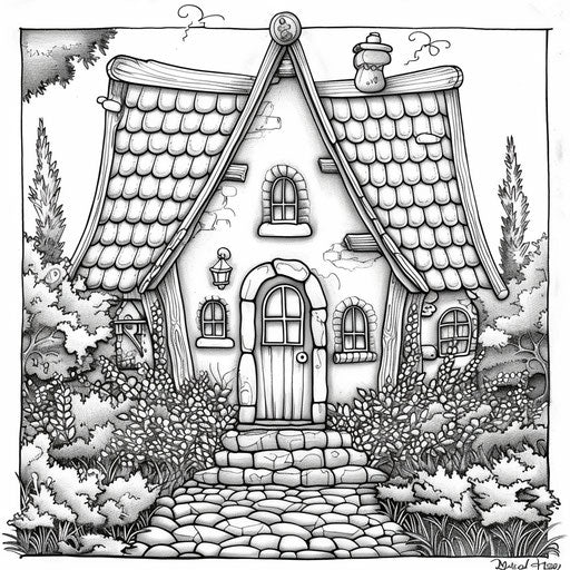 House with triangular roof, door, and two windows. Coloring book page
