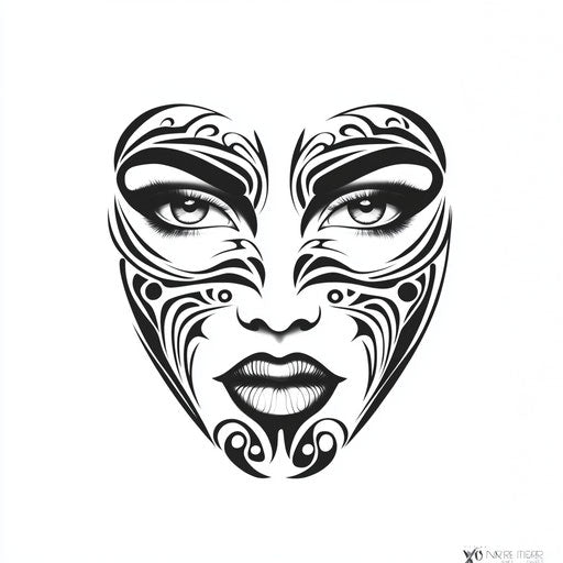 Maori face tattoo design with intricate patterns on white