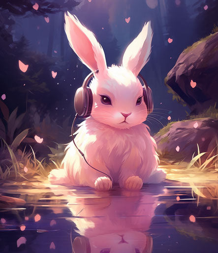 A rabbit listening to music, cute and dreamy style