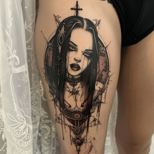 Leg tattoos for women with gothic, mystical elements