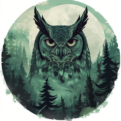 Sketch of a tattooed owl with piercing eyes in a haunted forest