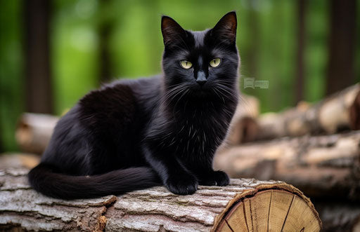The black cat on the old wood stump