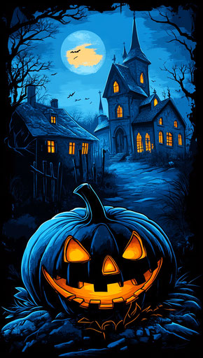 Halloween Night, Glowing Pumpkin, Haunted Village, Gothic Church