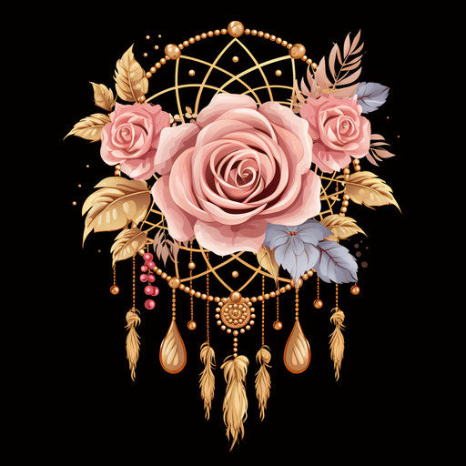 Pink and gold rose in dream catcher vector illustration