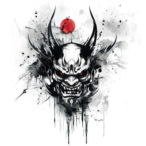 Japanese demon sketch with abstract ink effects