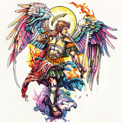 Saint Michael the Archangel tattoo design, vibrant colors on white