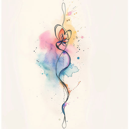 Design of a delicate unalome tattoo with watercolor splashes in pastel colors on white background