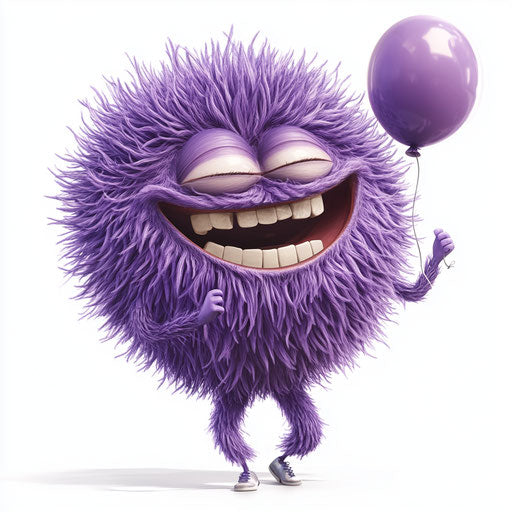 Humorous caricature of a lavender caricature with human characteristics, exaggerated smile, long arms, holding a balloon, vibrant colors, cartoon style, winking, high resolution, no background, isolated -c 40