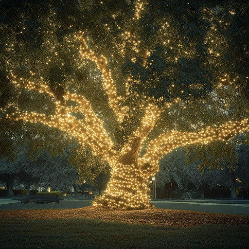 Majestic oak in park wrapped in white lights, warm glow