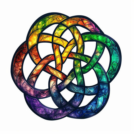 Celtic knot tattoo in stained glass style, colorful, white background