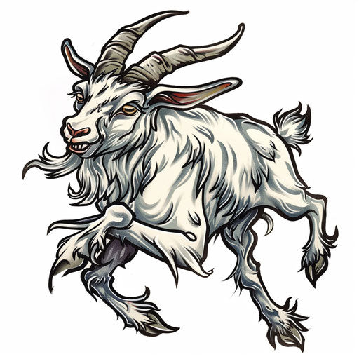 Whimsical cartoon goat tattoo design on white background