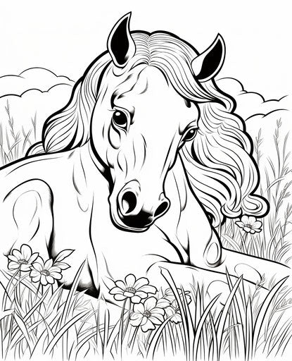 Silhouette of a horse lying in the lawn, childlike innocence