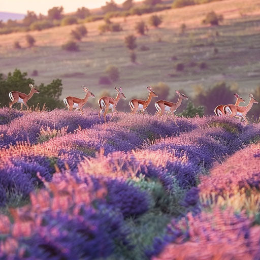 Rare sighting of gazelles crossing a blooming lavender field