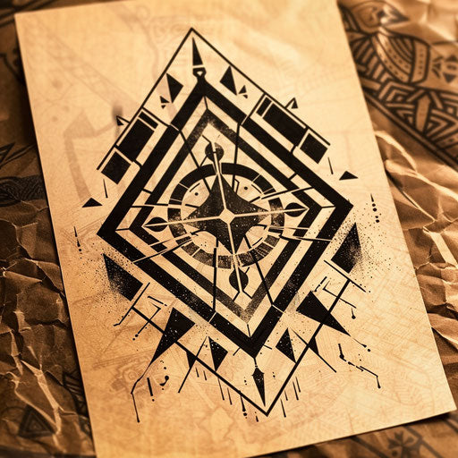 Dynamic flat tattoo sketch of a power sigil with bold, angular geometric patterns