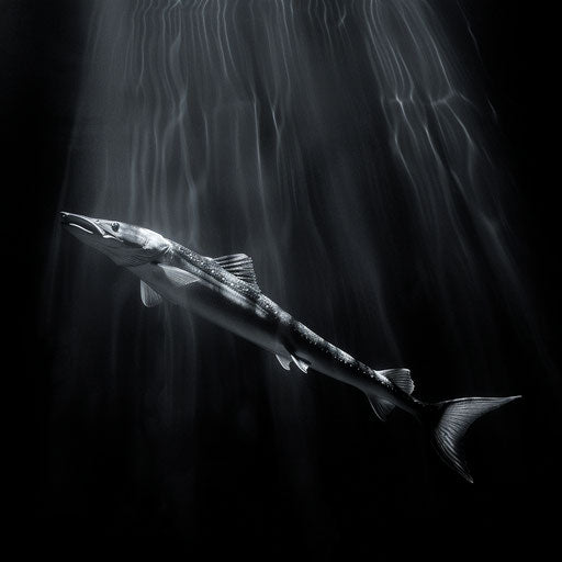 Sturgeon in a high-contrast black and white underwater setting